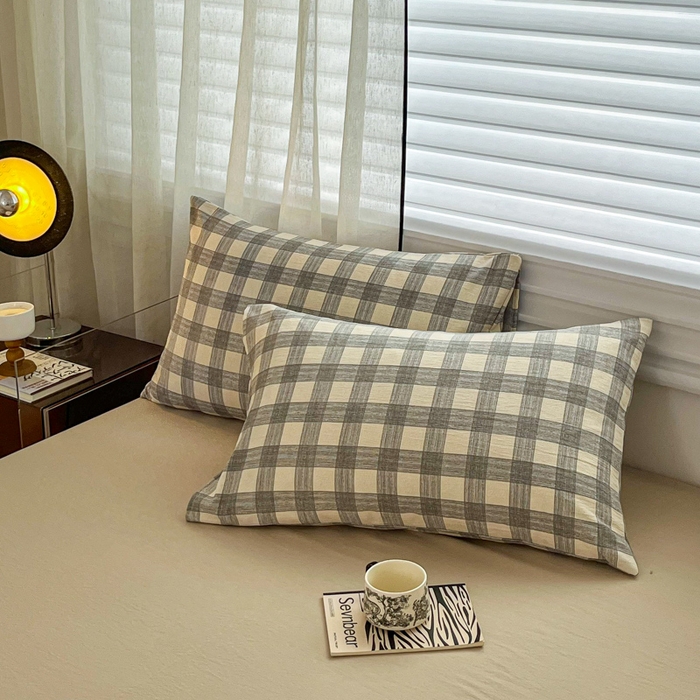 91家纺网 家纺一手货源 找家纺 斯卡诺家纺 2026新款亲肤舒适原麻亚麻皱皱纱四件套水洗棉简麻四件套 灰白格子