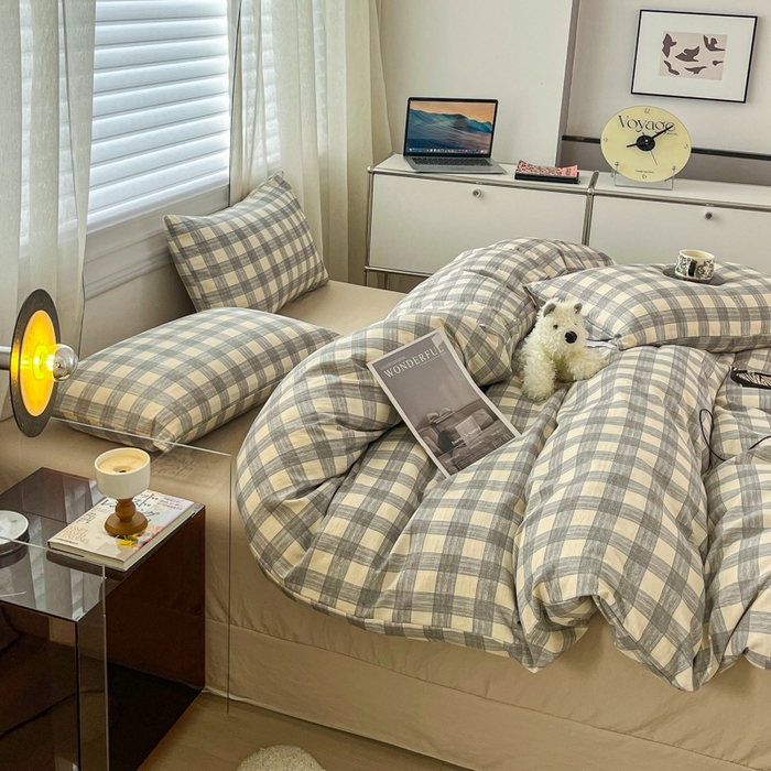 91家纺网 家纺一手货源 找家纺 斯卡诺家纺 2026新款亲肤舒适原麻亚麻皱皱纱四件套水洗棉简麻四件套 灰白格子