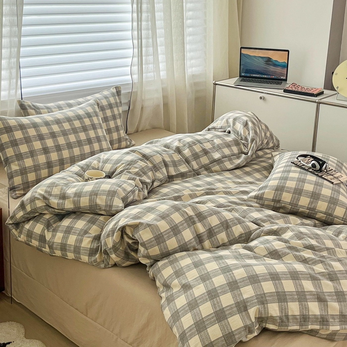 91家纺网 家纺一手货源 找家纺 斯卡诺家纺 2026新款亲肤舒适原麻亚麻皱皱纱四件套水洗棉简麻四件套 灰白格子