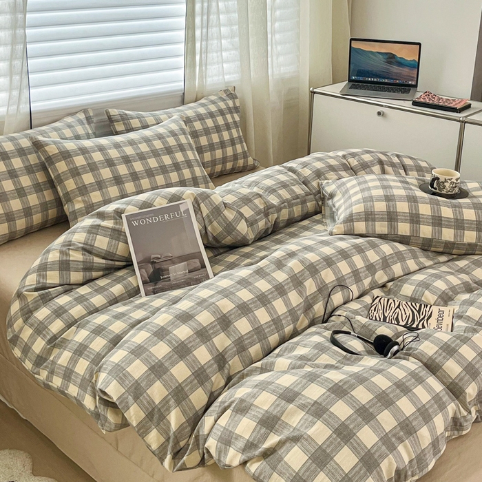 91家纺网 家纺一手货源 找家纺 斯卡诺家纺 2026新款亲肤舒适原麻亚麻皱皱纱四件套水洗棉简麻四件套 灰白格子