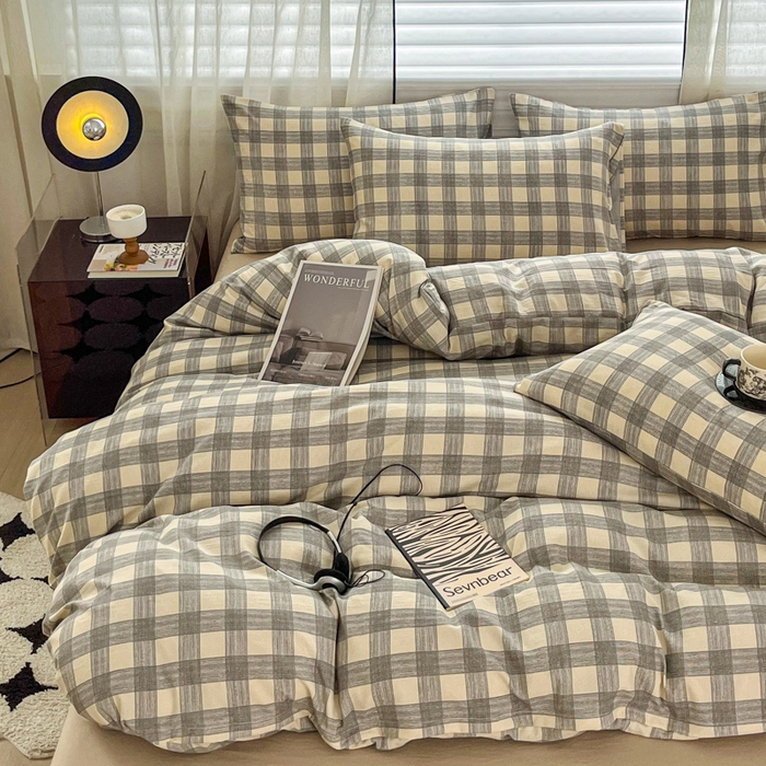 91家纺网 家纺一手货源 找家纺 斯卡诺家纺 2026新款亲肤舒适原麻亚麻皱皱纱四件套水洗棉简麻四件套 灰白格子