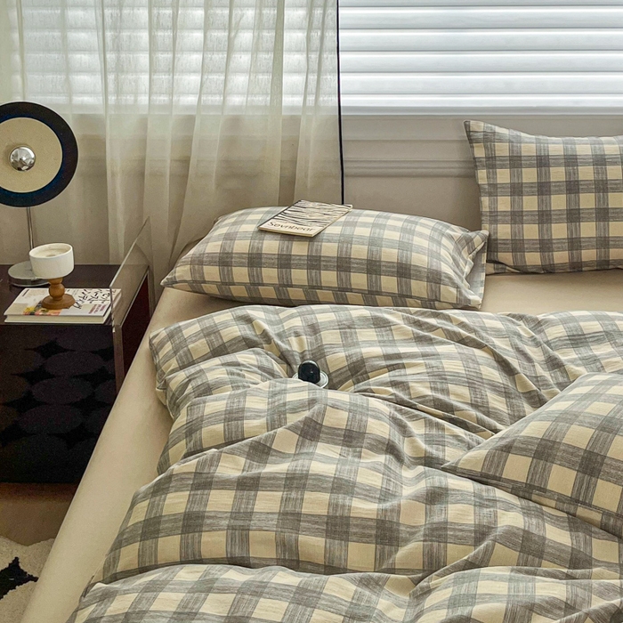 91家纺网 家纺一手货源 找家纺 斯卡诺家纺 2026新款亲肤舒适原麻亚麻皱皱纱四件套水洗棉简麻四件套 灰白格子