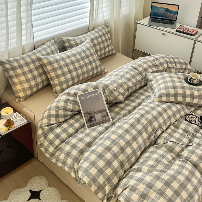 91家纺网 家纺一手货源 找家纺 斯卡诺家纺 2026新款亲肤舒适原麻亚麻皱皱纱四件套水洗棉简麻四件套 灰白格子