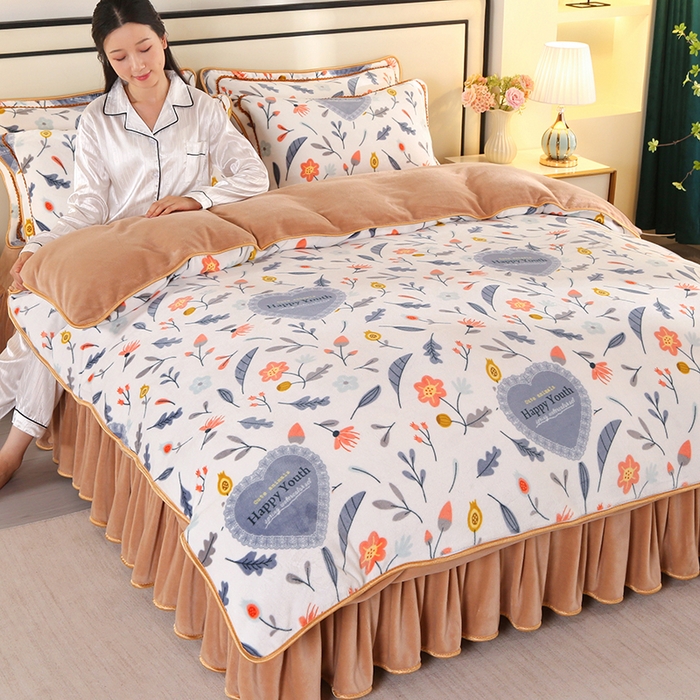 91家纺网 家纺一手货源 找家纺 橘姿 2025新款8-9斤床裙款牛奶绒四件套金貂绒法兰绒宝宝绒 心相印