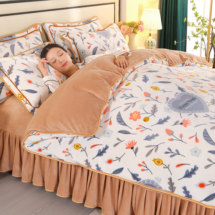 91家纺网 家纺一手货源 找家纺 橘姿 2025新款8-9斤床裙款牛奶绒四件套金貂绒法兰绒宝宝绒 心相印