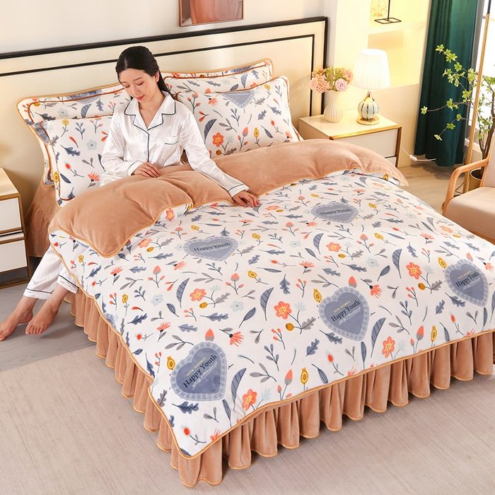 91家纺网 家纺一手货源 找家纺 橘姿 2025新款8-9斤床裙款牛奶绒四件套金貂绒法兰绒宝宝绒 心相印