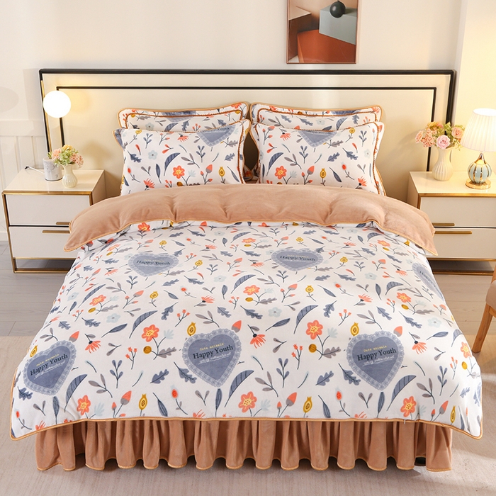 91家纺网 家纺一手货源 找家纺 橘姿 2025新款8-9斤床裙款牛奶绒四件套金貂绒法兰绒宝宝绒 心相印