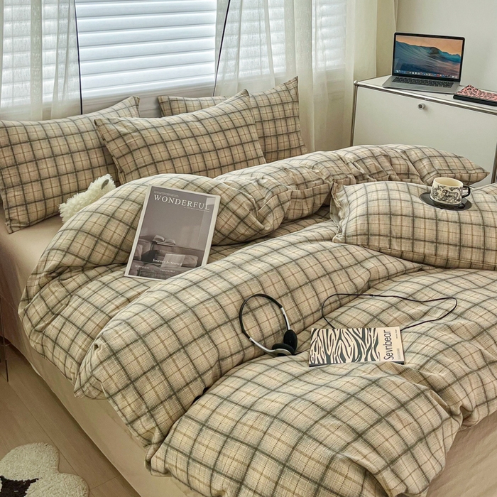 91家纺网 家纺一手货源 找家纺 斯卡诺家纺 2026新款亲肤舒适原麻亚麻皱皱纱四件套水洗棉简麻四件套 简格棕