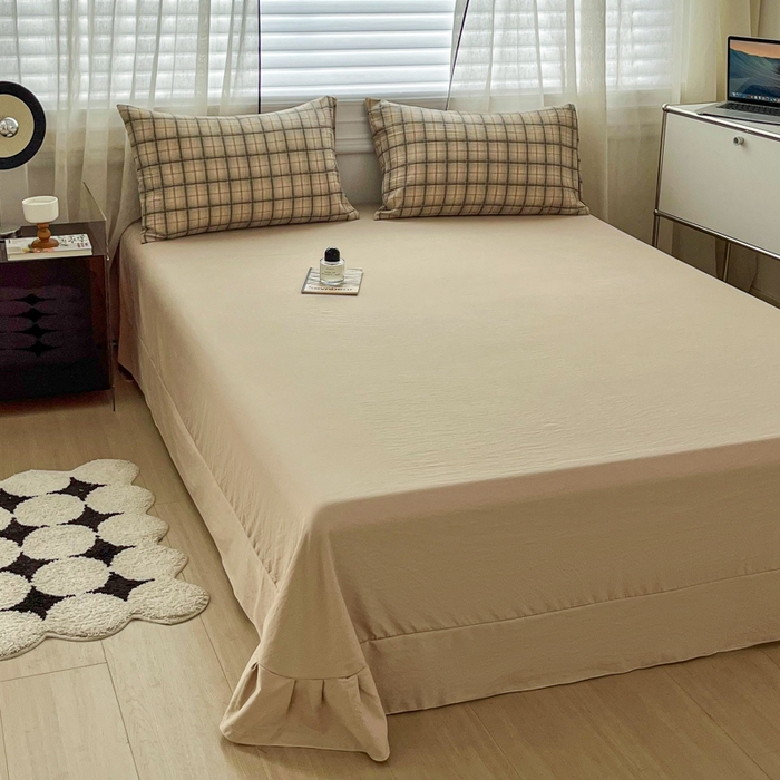 91家纺网 家纺一手货源 找家纺 斯卡诺家纺 2026新款亲肤舒适原麻亚麻皱皱纱四件套水洗棉简麻四件套 简格棕