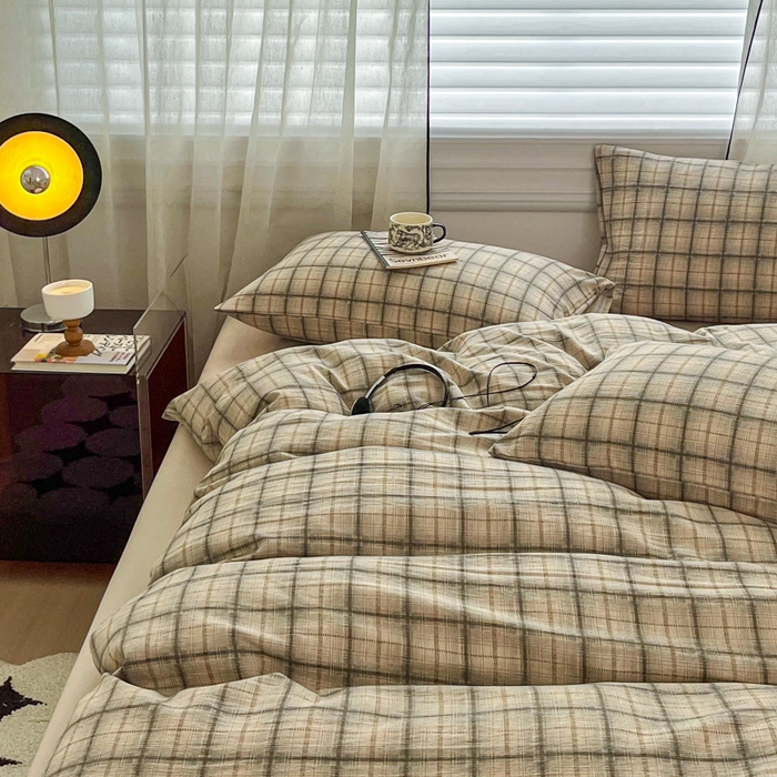 91家纺网 家纺一手货源 找家纺 斯卡诺家纺 2026新款亲肤舒适原麻亚麻皱皱纱四件套水洗棉简麻四件套 简格棕