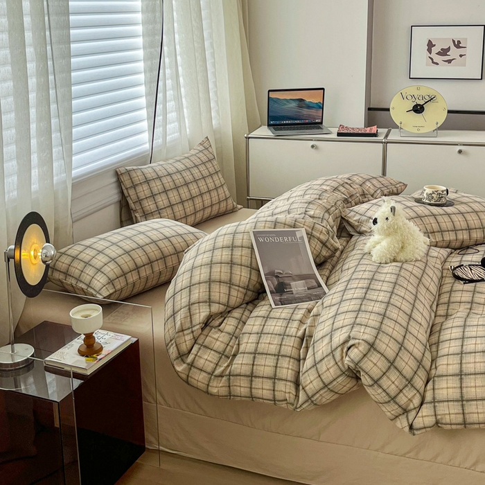 91家纺网 家纺一手货源 找家纺 斯卡诺家纺 2026新款亲肤舒适原麻亚麻皱皱纱四件套水洗棉简麻四件套 简格棕