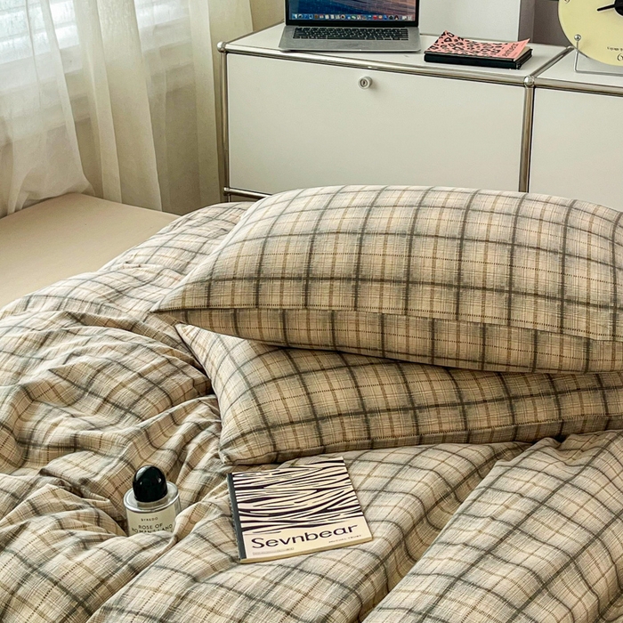 91家纺网 家纺一手货源 找家纺 斯卡诺家纺 2026新款亲肤舒适原麻亚麻皱皱纱四件套水洗棉简麻四件套 简格棕