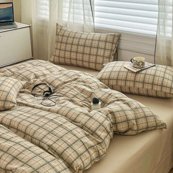 91家纺网 家纺一手货源 找家纺 斯卡诺家纺 2026新款亲肤舒适原麻亚麻皱皱纱四件套水洗棉简麻四件套 简格棕