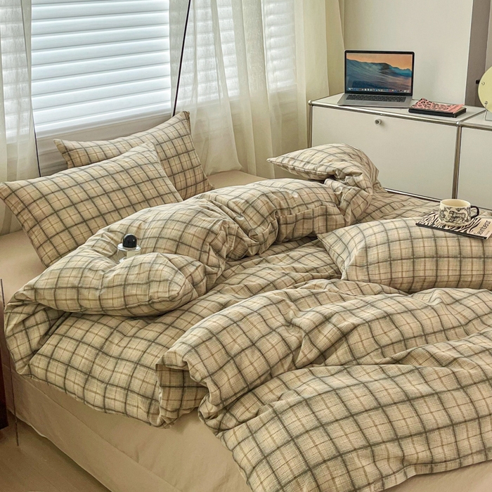 91家纺网 家纺一手货源 找家纺 斯卡诺家纺 2026新款亲肤舒适原麻亚麻皱皱纱四件套水洗棉简麻四件套 简格棕