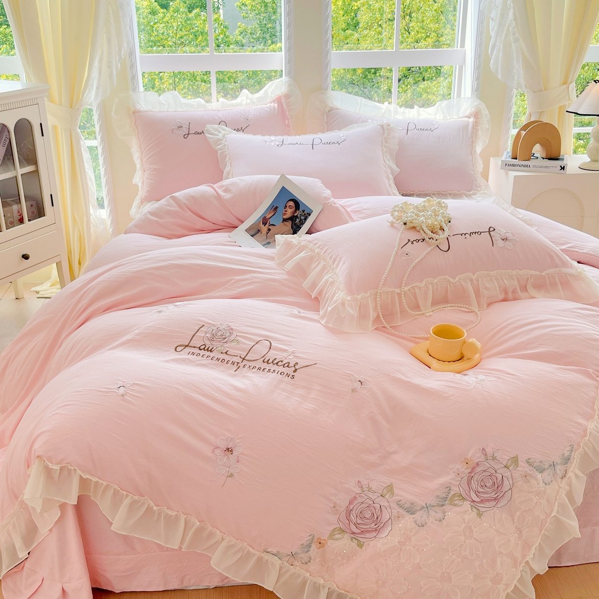 91家纺网 家纺一手货源 找家纺 （总）大麦乐田 2025新款公主风花边糯小棉刺绣贴布绣四件套