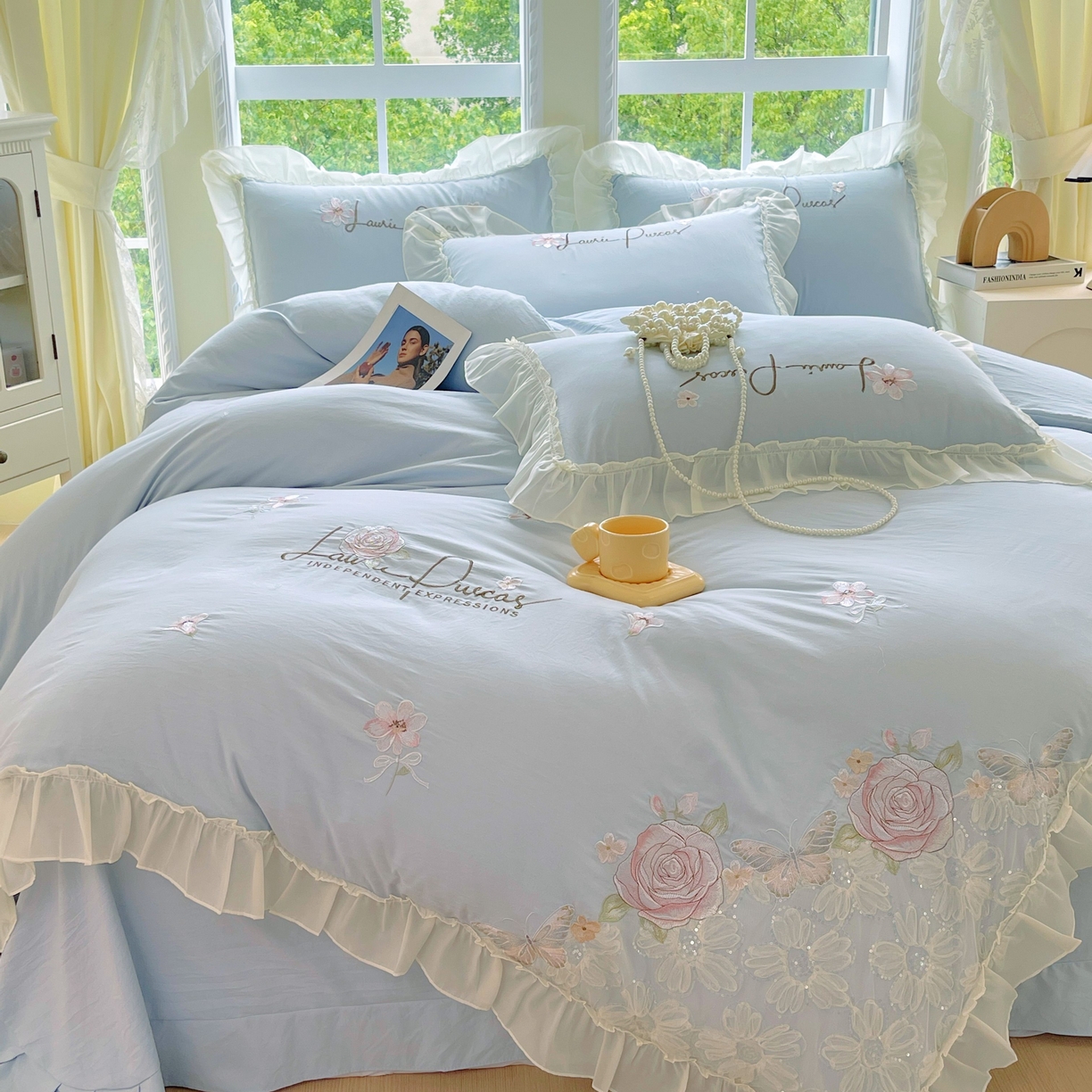 91家纺网 家纺一手货源 找家纺 （总）大麦乐田 2025新款公主风花边糯小棉刺绣贴布绣四件套