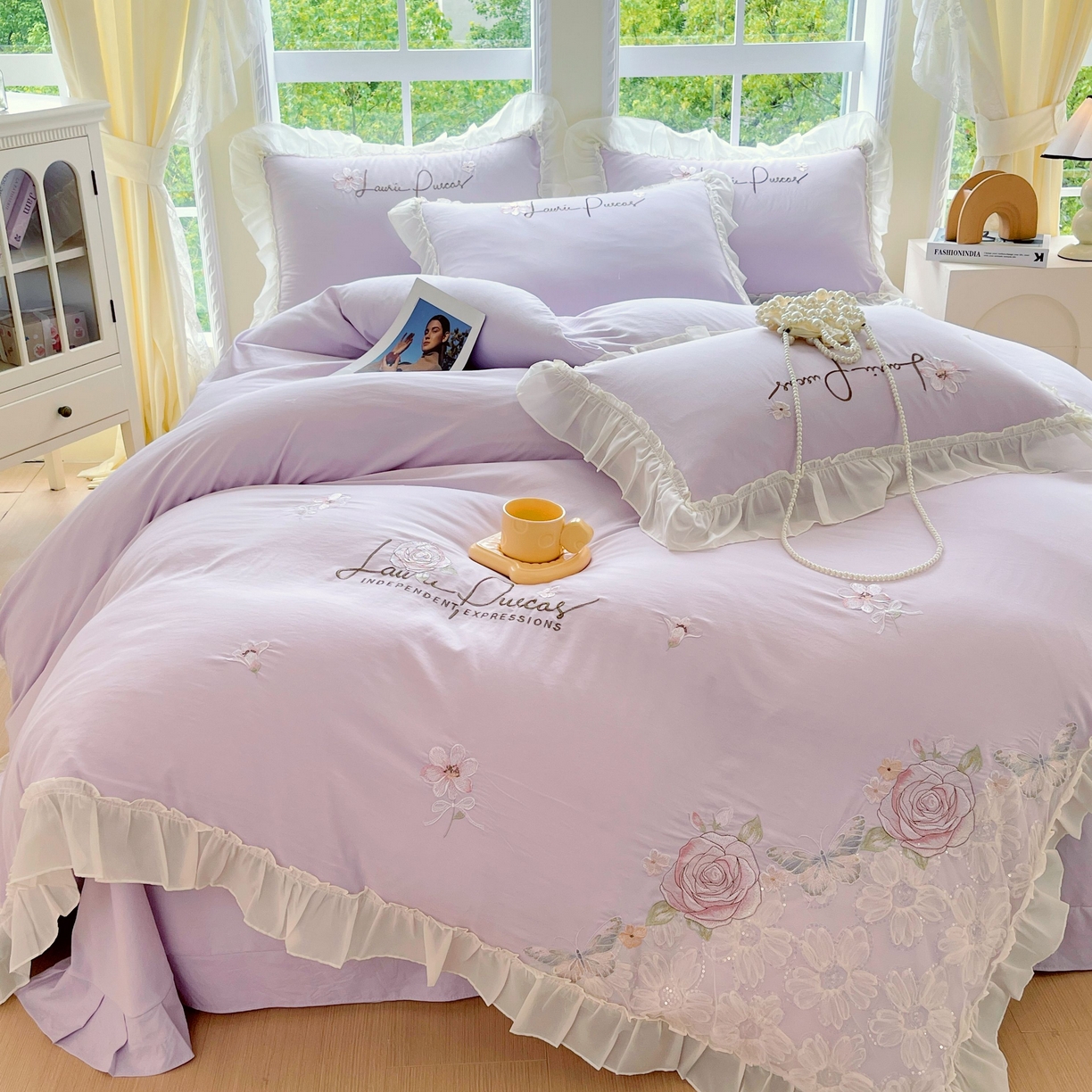 91家纺网 家纺一手货源 找家纺 （总）大麦乐田 2025新款公主风花边糯小棉刺绣贴布绣四件套