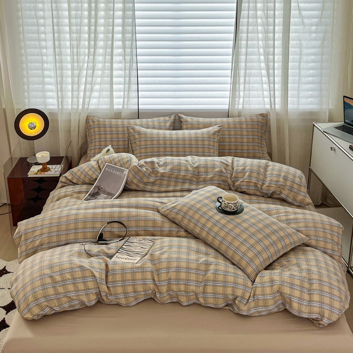 斯卡诺家纺 2026新款亲肤舒适原麻亚麻皱皱纱四件套水洗棉简麻四件套 经典格子