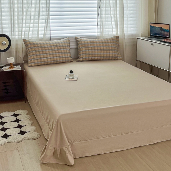 91家纺网 家纺一手货源 找家纺 斯卡诺家纺 2026新款亲肤舒适原麻亚麻皱皱纱四件套水洗棉简麻四件套 经典格子