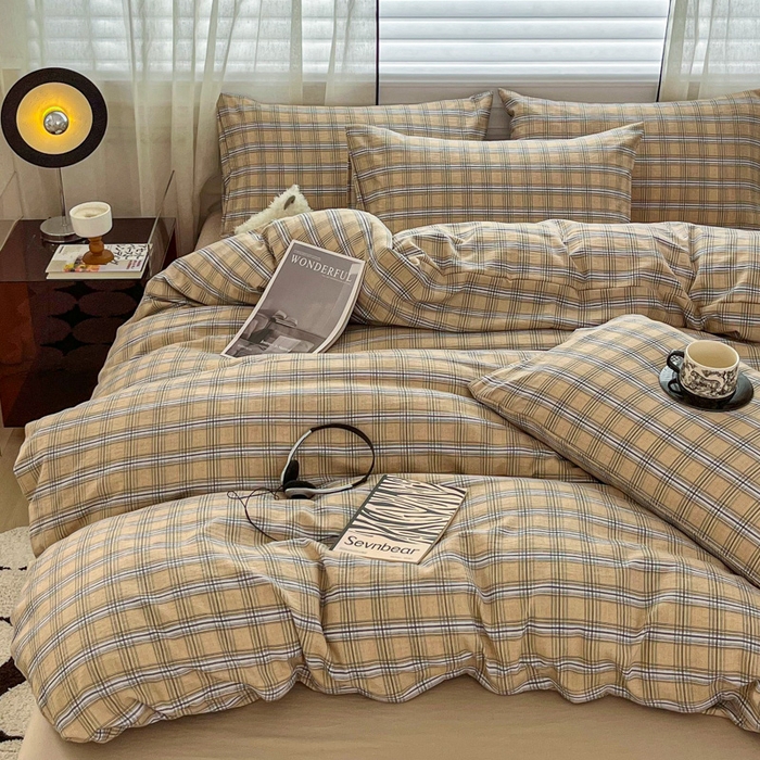 91家纺网 家纺一手货源 找家纺 斯卡诺家纺 2026新款亲肤舒适原麻亚麻皱皱纱四件套水洗棉简麻四件套 经典格子