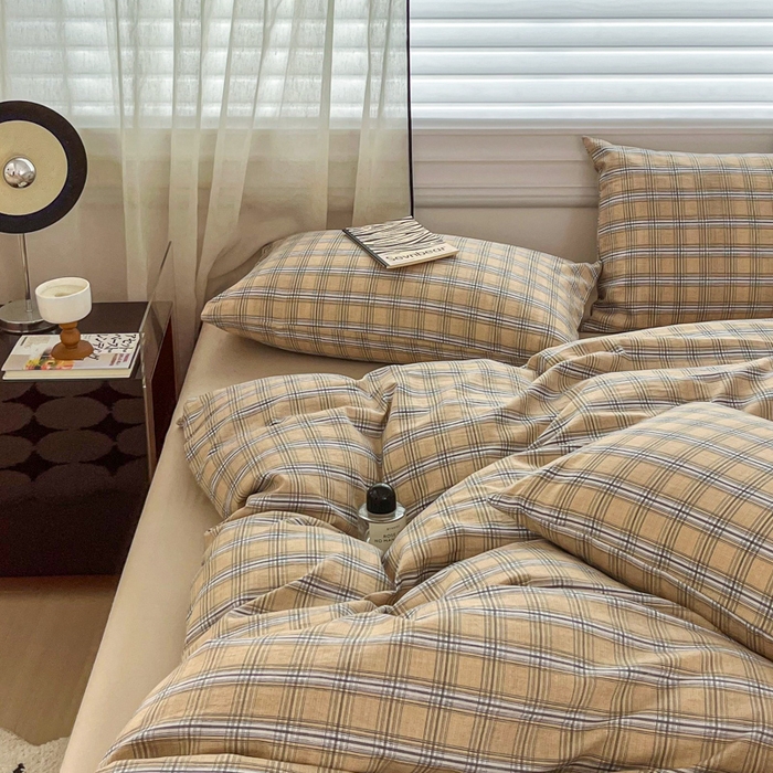 91家纺网 家纺一手货源 找家纺 斯卡诺家纺 2026新款亲肤舒适原麻亚麻皱皱纱四件套水洗棉简麻四件套 经典格子