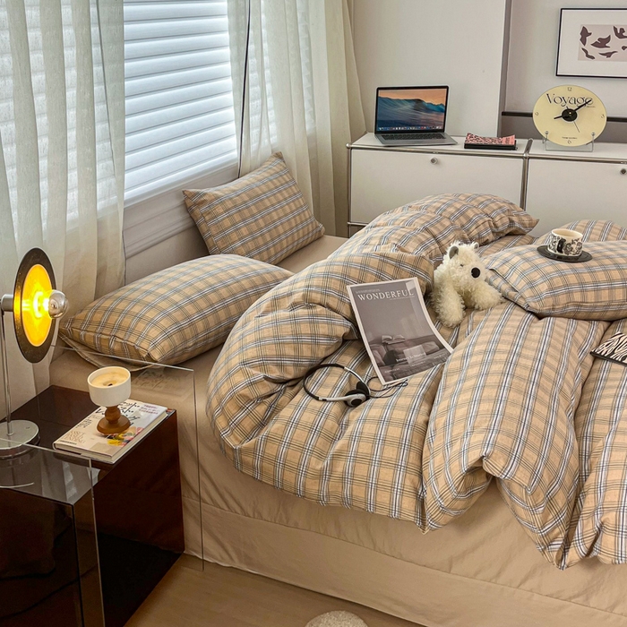 91家纺网 家纺一手货源 找家纺 斯卡诺家纺 2026新款亲肤舒适原麻亚麻皱皱纱四件套水洗棉简麻四件套 经典格子