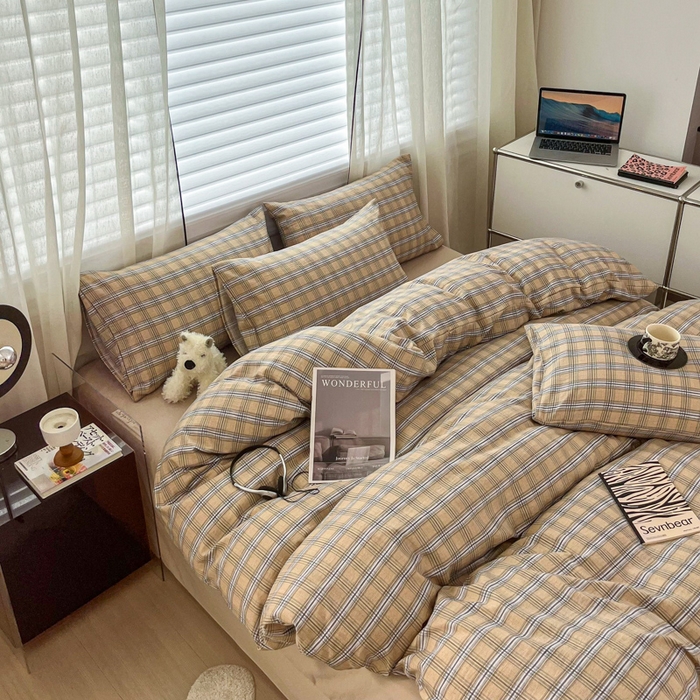 91家纺网 家纺一手货源 找家纺 斯卡诺家纺 2026新款亲肤舒适原麻亚麻皱皱纱四件套水洗棉简麻四件套 经典格子