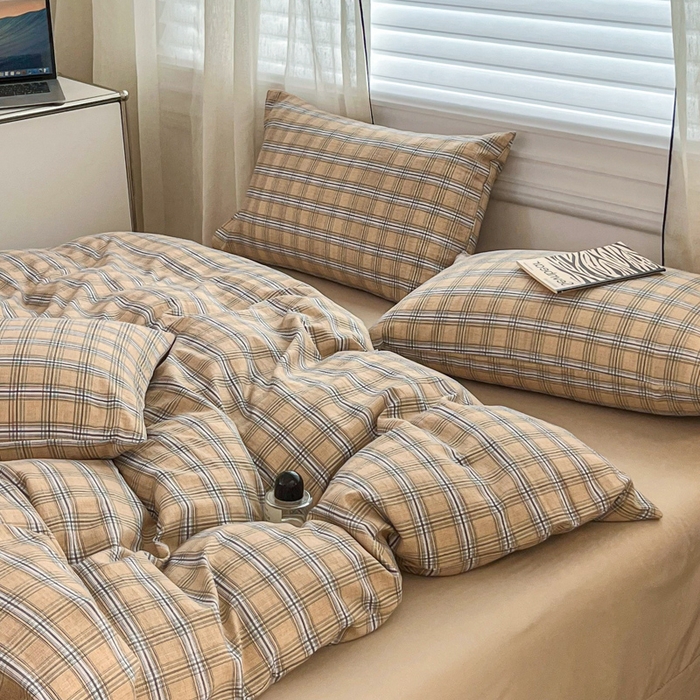 91家纺网 家纺一手货源 找家纺 斯卡诺家纺 2026新款亲肤舒适原麻亚麻皱皱纱四件套水洗棉简麻四件套 经典格子