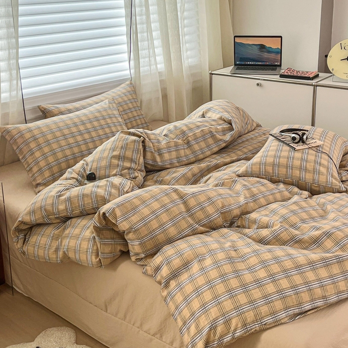 91家纺网 家纺一手货源 找家纺 斯卡诺家纺 2026新款亲肤舒适原麻亚麻皱皱纱四件套水洗棉简麻四件套 经典格子