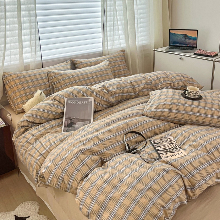 91家纺网 家纺一手货源 找家纺 斯卡诺家纺 2026新款亲肤舒适原麻亚麻皱皱纱四件套水洗棉简麻四件套 经典格子