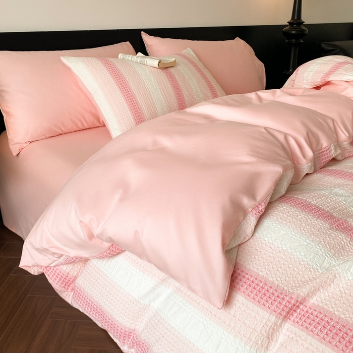 91家纺网 家纺一手货源 找家纺 言一 2025秋冬新品A类60S新疆长绒棉纯棉陶瓷轻磨毛四件套水洗棉提花全棉床单被套 流光-渐变粉