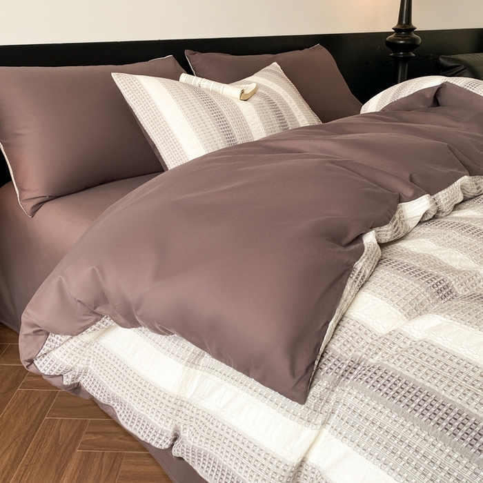 91家纺网 家纺一手货源 找家纺 言一 2025秋冬新品A类60S新疆长绒棉纯棉陶瓷轻磨毛四件套水洗棉提花全棉床单被套 流光-渐变咖