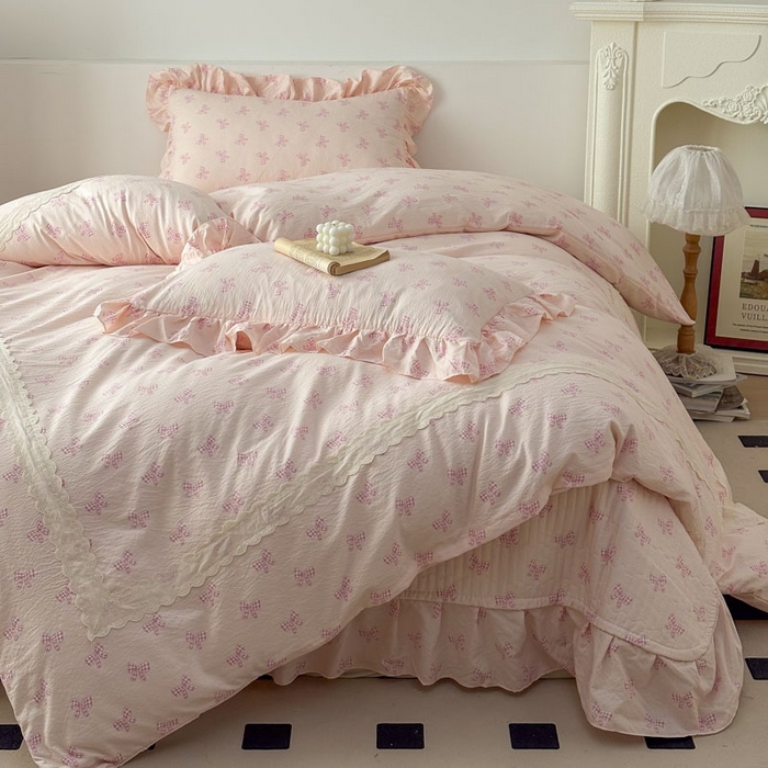 欧尚 2025新款蕾丝款床盖款四件套 粉色蝴蝶结