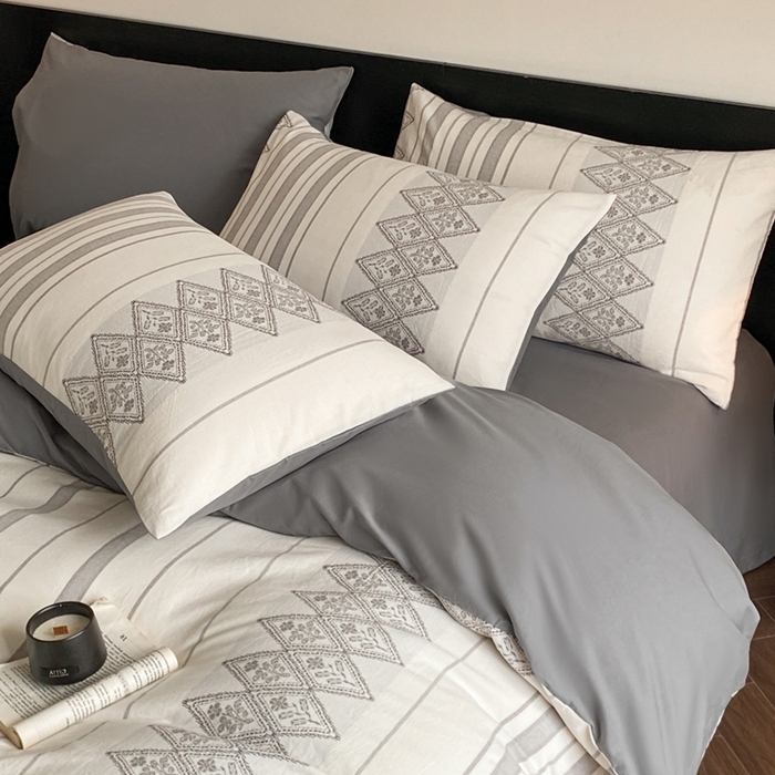 91家纺网 家纺一手货源 找家纺 言一 2025秋冬新品A类60S新疆长绒棉纯棉陶瓷轻磨毛四件套水洗棉提花全棉床单被套 千帆-灰自