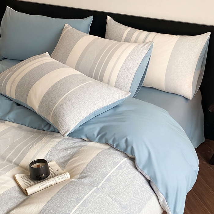 91家纺网 家纺一手货源 找家纺 言一 2025秋冬新品A类60S新疆长绒棉纯棉陶瓷轻磨毛四件套水洗棉提花全棉床单被套 森泊-柔雾蓝