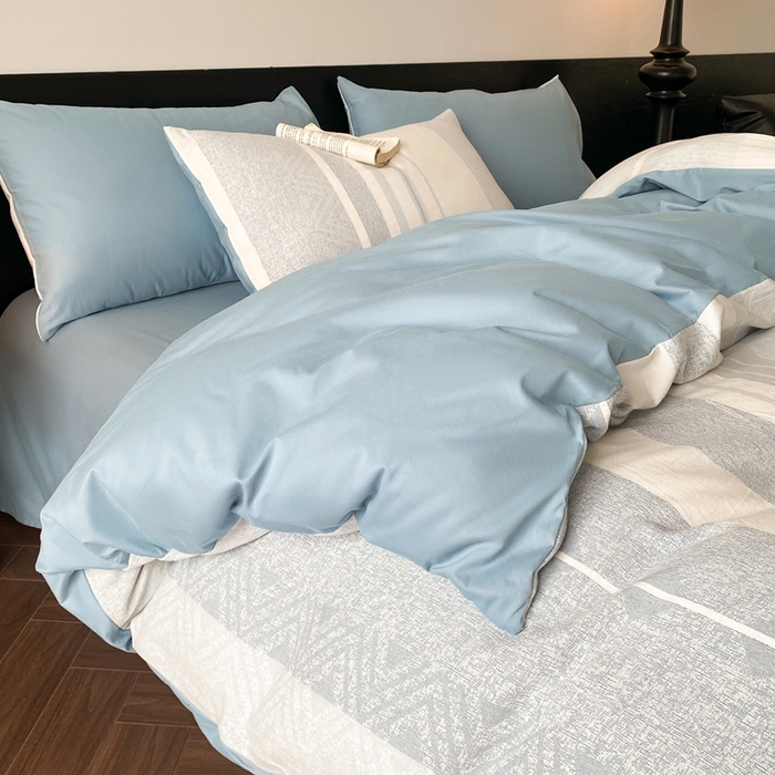 91家纺网 家纺一手货源 找家纺 言一 2025秋冬新品A类60S新疆长绒棉纯棉陶瓷轻磨毛四件套水洗棉提花全棉床单被套 森泊-柔雾蓝