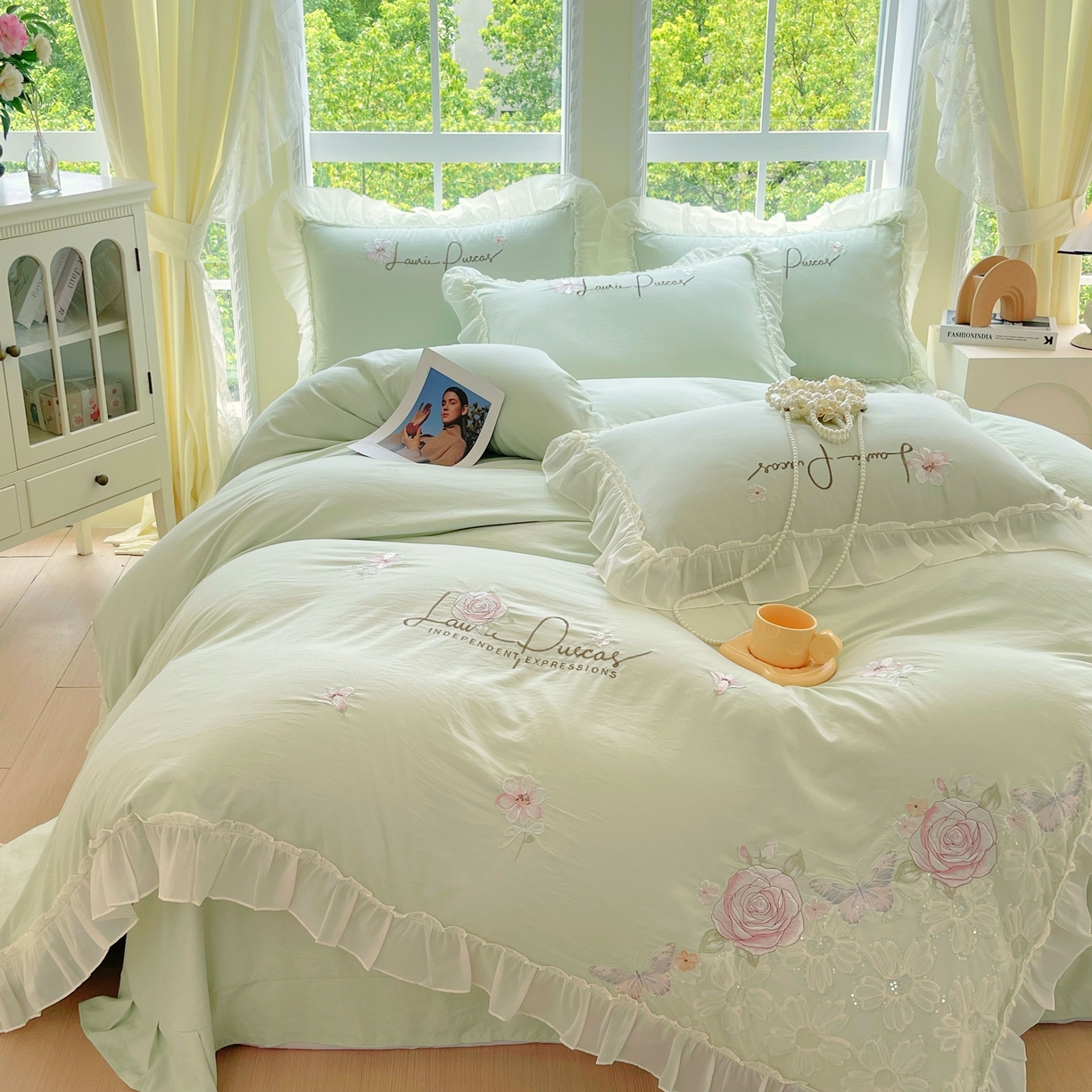 大麦乐田 2025新款公主风花边糯小棉刺绣贴布绣四件套 美丽邂逅-嫩绿