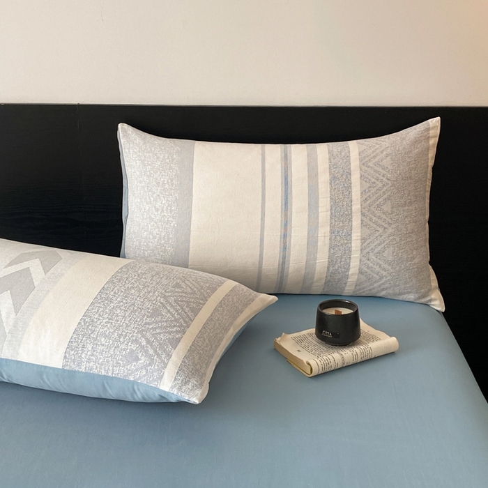 91家纺网 家纺一手货源 找家纺 言一 2025秋冬新品A类60S新疆长绒棉纯棉陶瓷轻磨毛四件套水洗棉提花全棉床单被套 森泊-柔雾蓝