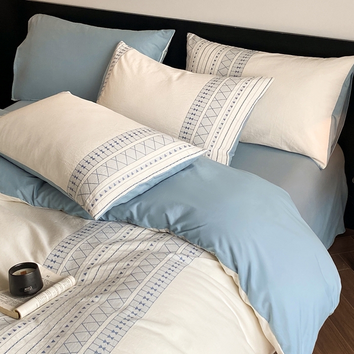 91家纺网 家纺一手货源 找家纺 言一 2025秋冬新品A类60S新疆长绒棉纯棉陶瓷轻磨毛四件套水洗棉提花全棉床单被套 长予-天青蓝