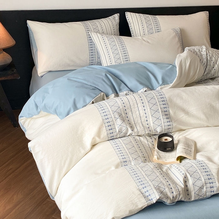 91家纺网 家纺一手货源 找家纺 言一 2025秋冬新品A类60S新疆长绒棉纯棉陶瓷轻磨毛四件套水洗棉提花全棉床单被套 长予-天青蓝