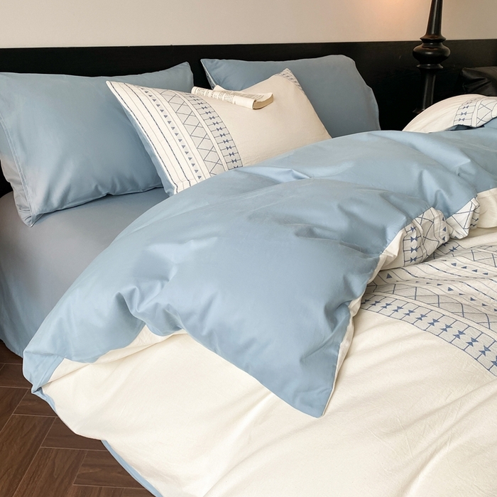 91家纺网 家纺一手货源 找家纺 言一 2025秋冬新品A类60S新疆长绒棉纯棉陶瓷轻磨毛四件套水洗棉提花全棉床单被套 长予-天青蓝