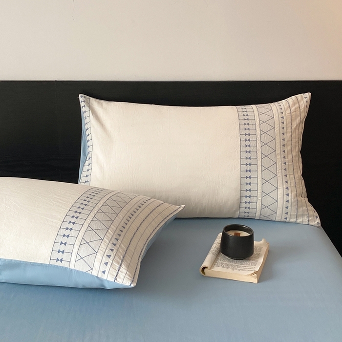 91家纺网 家纺一手货源 找家纺 言一 2025秋冬新品A类60S新疆长绒棉纯棉陶瓷轻磨毛四件套水洗棉提花全棉床单被套 长予-天青蓝