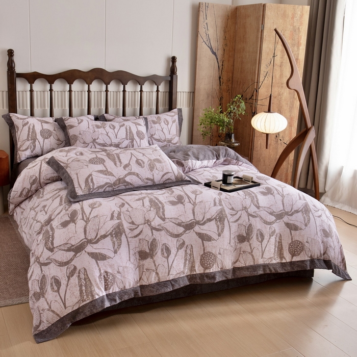 91家纺网 家纺一手货源 找家纺 乐居家纺 2025新款高密亲肤亚麻舒爽透气四件套 苍兰-红