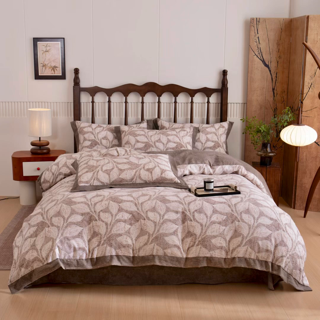 91家纺网 家纺一手货源 找家纺 乐居家纺 2025新款高密亲肤亚麻舒爽透气四件套 初秋-咖