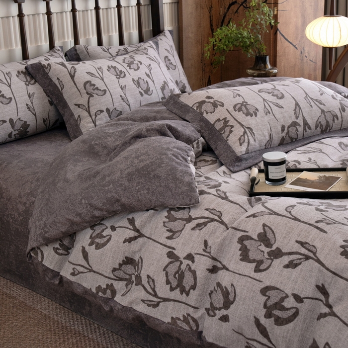 91家纺网 家纺一手货源 找家纺 乐居家纺 2025新款高密亲肤亚麻舒爽透气四件套 乐微-咖