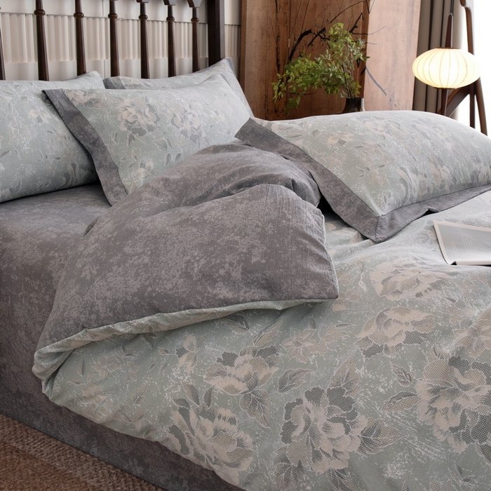 91家纺网 家纺一手货源 找家纺 乐居家纺 2025新款高密亲肤亚麻舒爽透气四件套 莫妮卡-绿