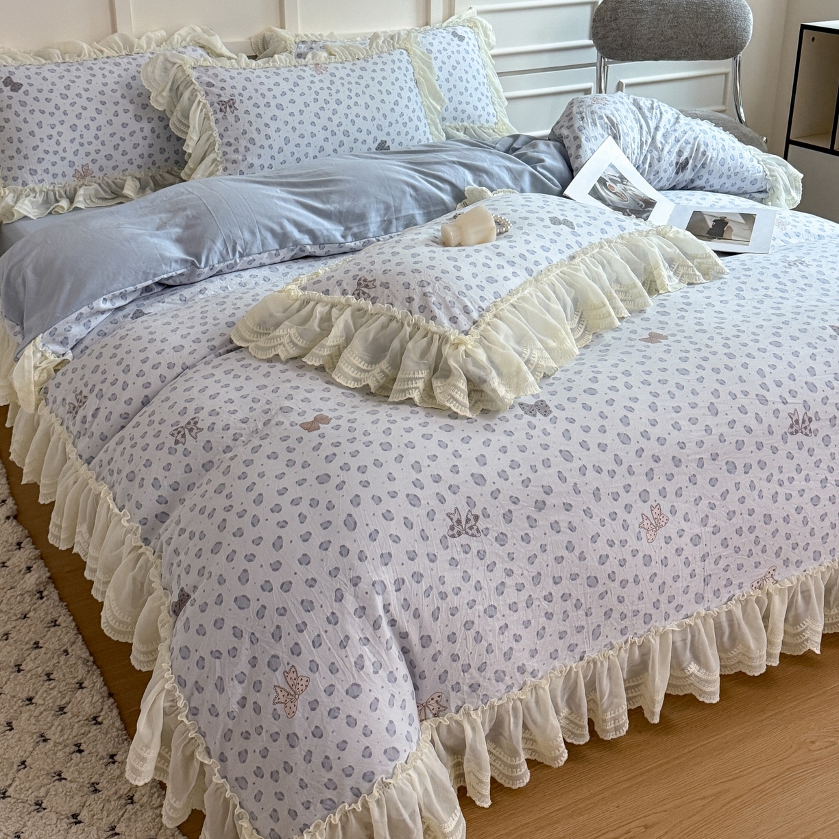 91家纺网 家纺一手货源 找家纺 吾欢心 2025新款韩版蕾丝花边加厚原棉四件套 豹纹蝴蝶结