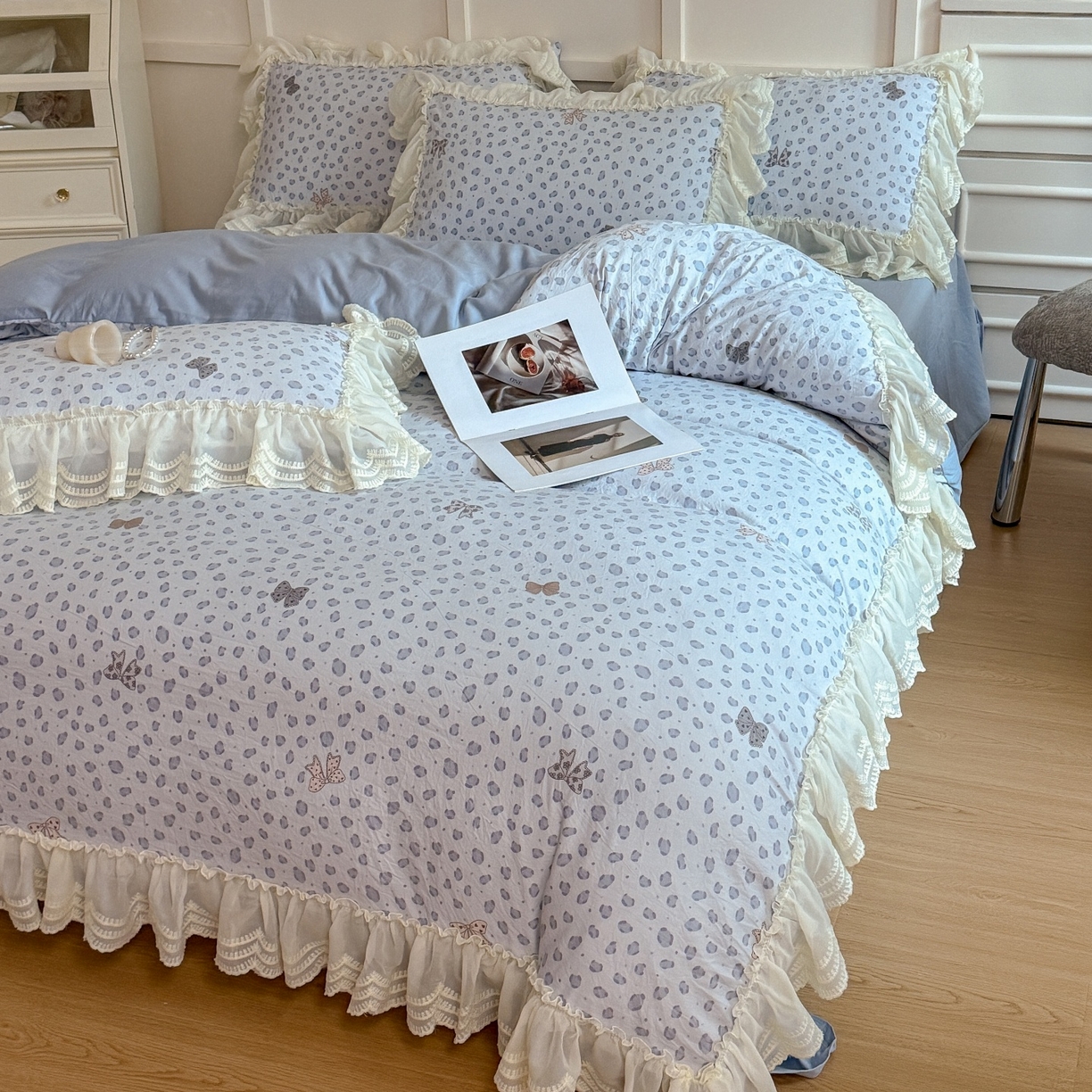 91家纺网 家纺一手货源 找家纺 吾欢心 2025新款韩版蕾丝花边加厚原棉四件套 豹纹蝴蝶结