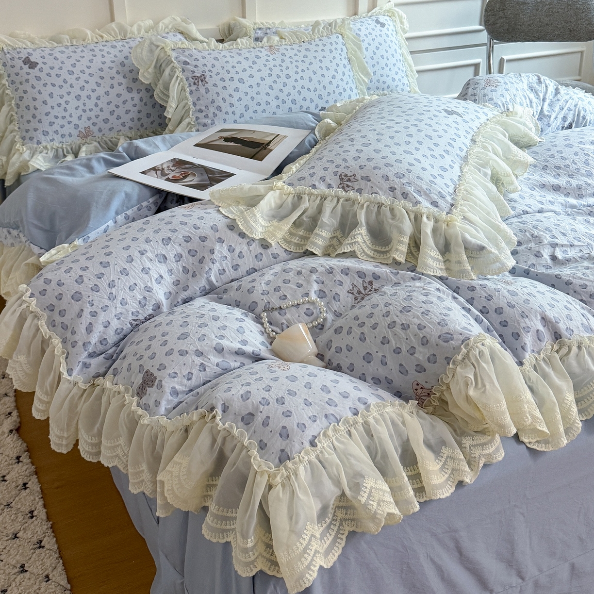 91家纺网 家纺一手货源 找家纺 吾欢心 2025新款韩版蕾丝花边加厚原棉四件套 豹纹蝴蝶结