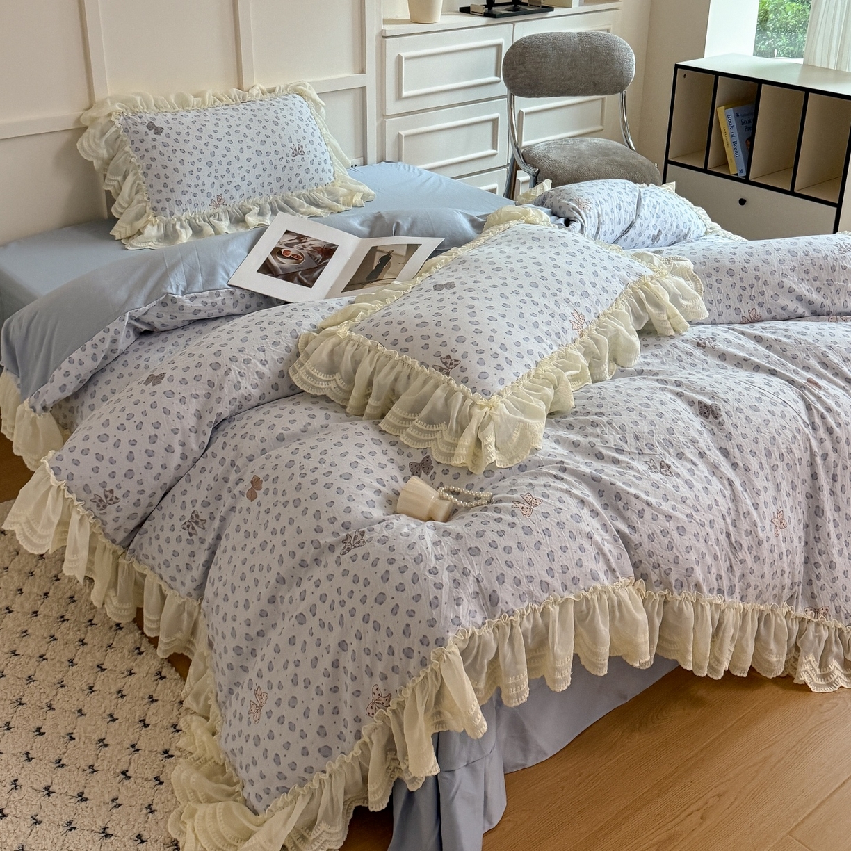 91家纺网 家纺一手货源 找家纺 吾欢心 2025新款韩版蕾丝花边加厚原棉四件套 豹纹蝴蝶结